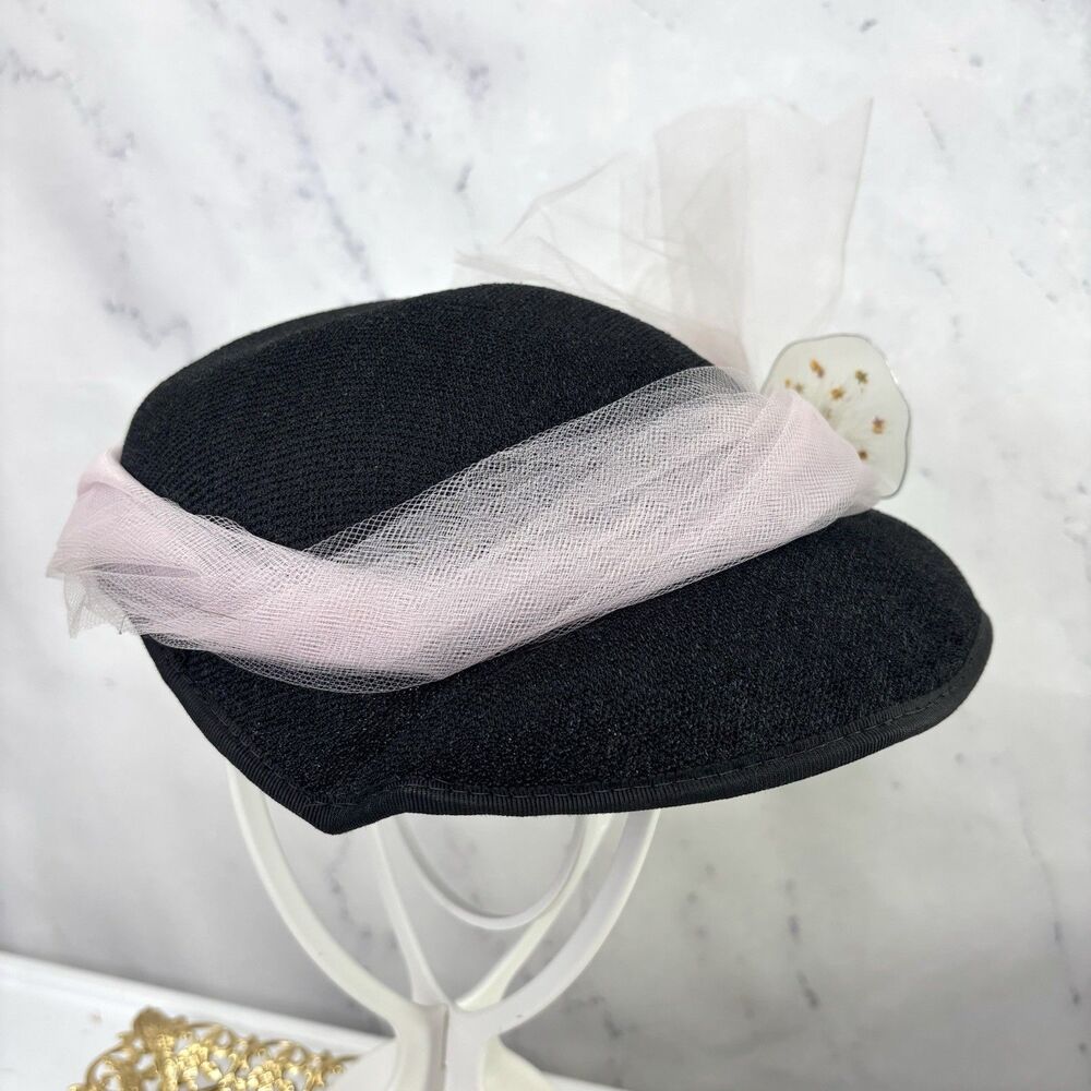 Vintage 1950s 60s Woven Cloche Hat Pink Tulle Bow Star Cocktail Fascinator MCM - Picture 9 of 14